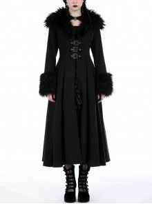 Elegant Black Fur Collar Vintage Metal Button Decoration Gothic Style Long Coat