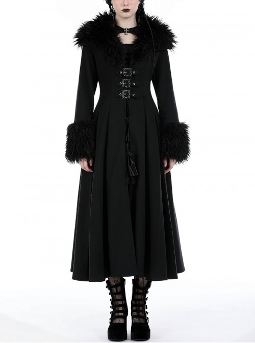 Elegant Black Fur Collar Vintage Metal Button Decoration Gothic Style Long Coat