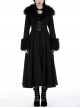 Elegant Black Fur Collar Vintage Metal Button Decoration Gothic Style Long Coat