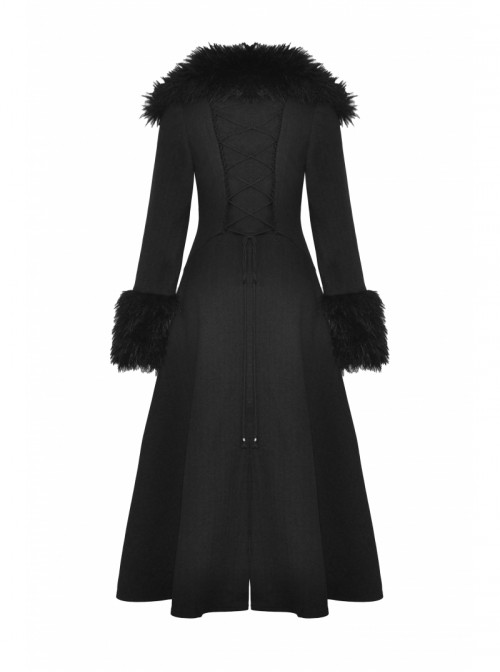 Elegant Black Fur Collar Vintage Metal Button Decoration Gothic Style Long Coat
