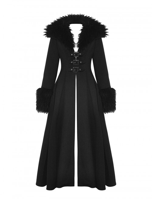 Elegant Black Fur Collar Vintage Metal Button Decoration Gothic Style Long Coat