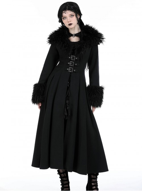Elegant Black Fur Collar Vintage Metal Button Decoration Gothic Style Long Coat