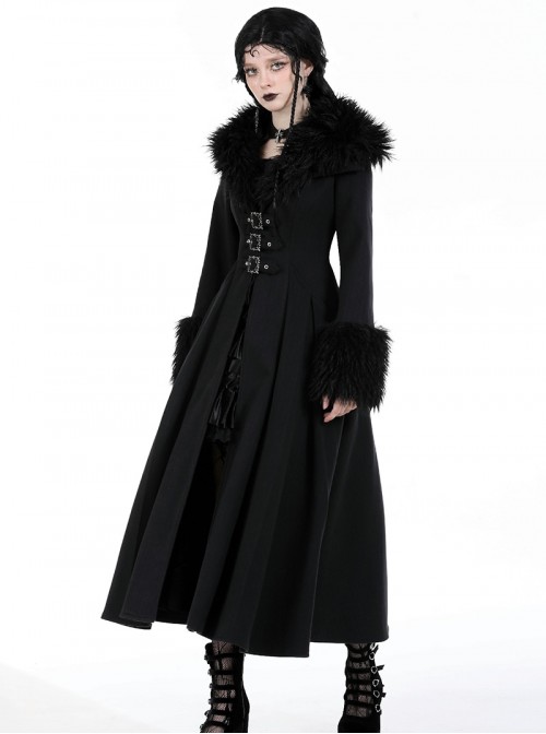 Elegant Black Fur Collar Vintage Metal Button Decoration Gothic Style Long Coat