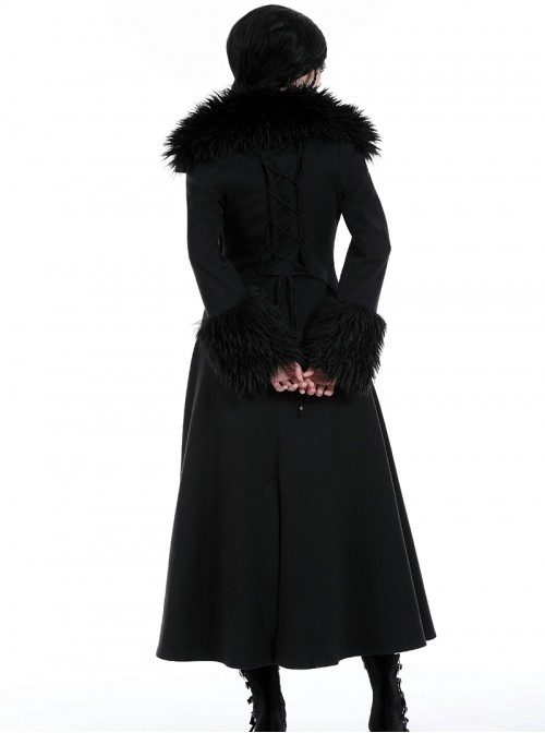 Elegant Black Fur Collar Vintage Metal Button Decoration Gothic Style Long Coat
