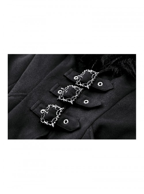 Elegant Black Fur Collar Vintage Metal Button Decoration Gothic Style Long Coat