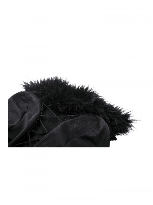 Elegant Black Fur Collar Vintage Metal Button Decoration Gothic Style Long Coat