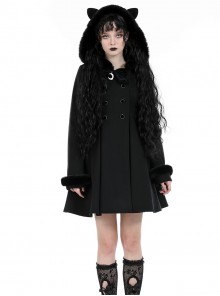 Black Plush Cute Plush Hooded Metal Moon Decoration Gothic Style Coat