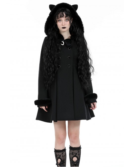 Black Plush Cute Plush Hooded Metal Moon Decoration Gothic Style Coat