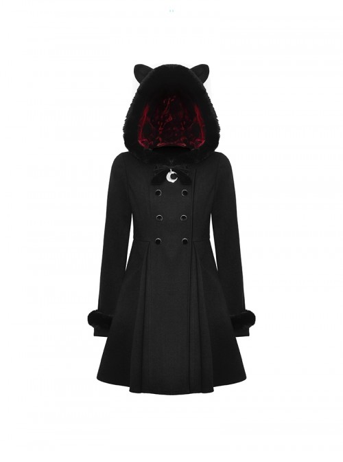 Black Plush Cute Plush Hooded Metal Moon Decoration Gothic Style Coat