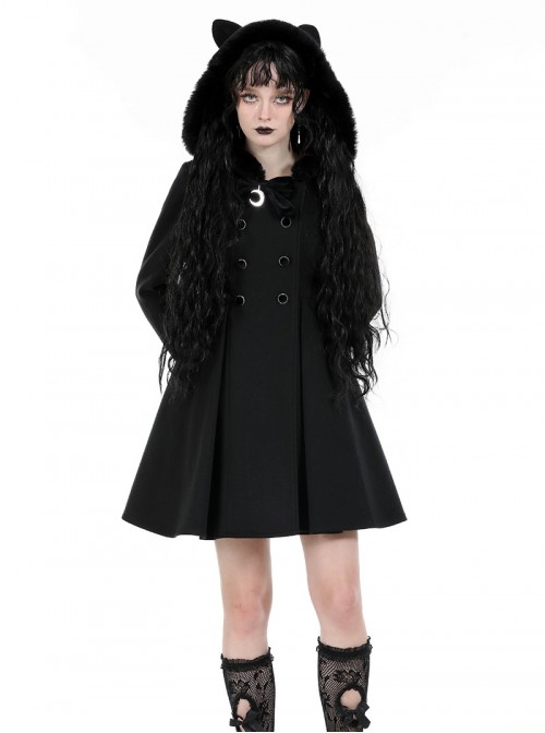 Black Plush Cute Plush Hooded Metal Moon Decoration Gothic Style Coat