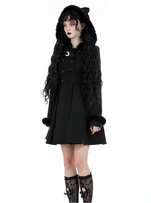 Black Plush Cute Plush Hooded Metal Moon Decoration Gothic Style Coat