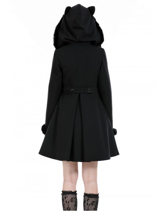 Black Plush Cute Plush Hooded Metal Moon Decoration Gothic Style Coat