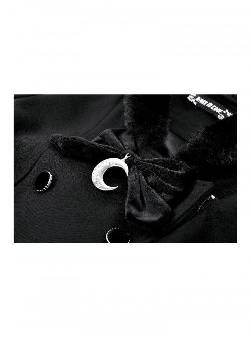 Black Plush Cute Plush Hooded Metal Moon Decoration Gothic Style Coat