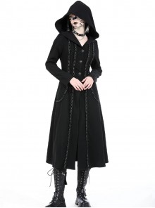 Black Cool Metal Rivet Decoration Details Lace Decoration Punk Style Hooded Long Coat