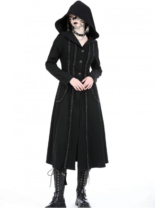 Black Cool Metal Rivet Decoration Details Lace Decoration Punk Style Hooded Long Coat