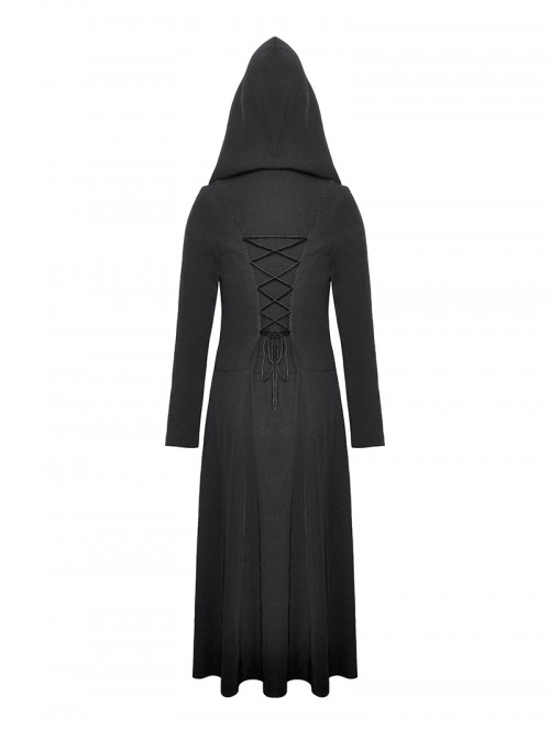 Black Cool Metal Rivet Decoration Details Lace Decoration Punk Style Hooded Long Coat