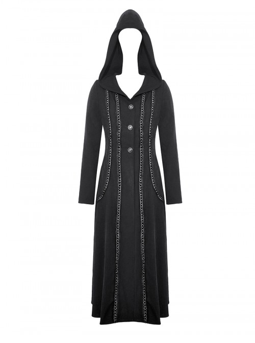 Black Cool Metal Rivet Decoration Details Lace Decoration Punk Style Hooded Long Coat