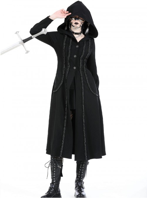 Black Cool Metal Rivet Decoration Details Lace Decoration Punk Style Hooded Long Coat
