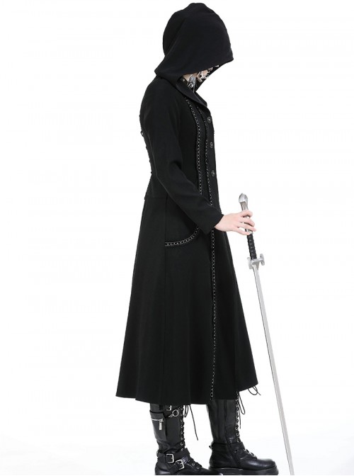 Black Cool Metal Rivet Decoration Details Lace Decoration Punk Style Hooded Long Coat