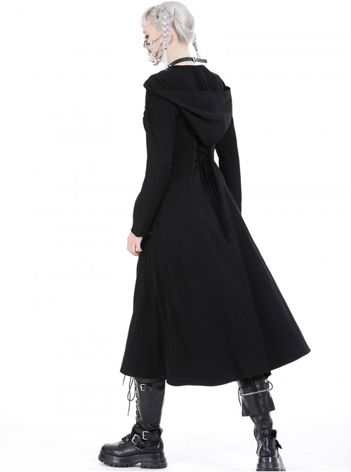 Black Cool Metal Rivet Decoration Details Lace Decoration Punk Style Hooded Long Coat