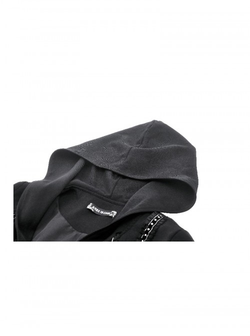 Black Cool Metal Rivet Decoration Details Lace Decoration Punk Style Hooded Long Coat