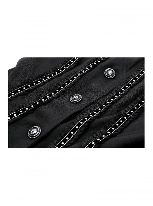 Black Cool Metal Rivet Decoration Details Lace Decoration Punk Style Hooded Long Coat