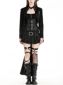 Black Cool Metal Rivet Decoration Personality Snake Pattern Leather Splicing Punk Style Longtail Jacket