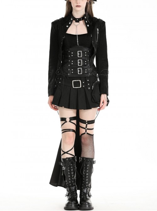 Black Cool Metal Rivet Decoration Personality Snake Pattern Leather Splicing Punk Style Longtail Jacket