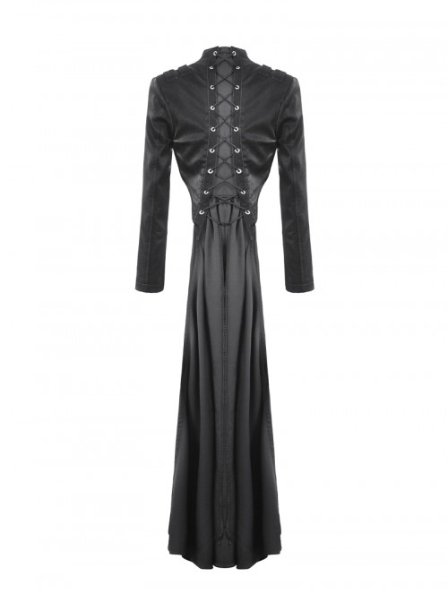 Black Cool Metal Rivet Decoration Personality Snake Pattern Leather Splicing Punk Style Longtail Jacket