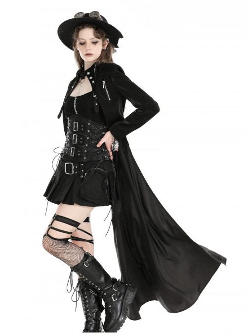 Black Cool Metal Rivet Decoration Personality Snake Pattern Leather Splicing Punk Style Longtail Jacket