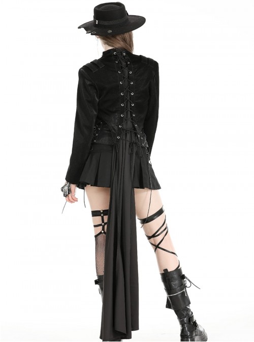 Black Cool Metal Rivet Decoration Personality Snake Pattern Leather Splicing Punk Style Longtail Jacket