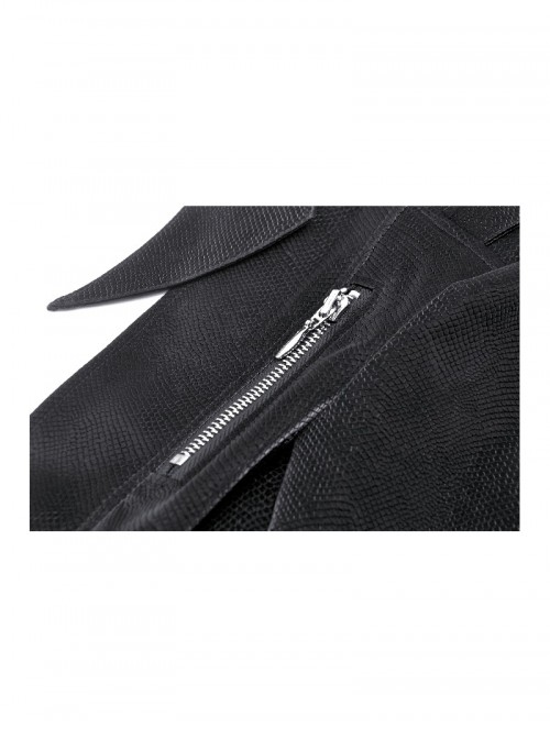 Black Cool Metal Rivet Decoration Personality Snake Pattern Leather Splicing Punk Style Longtail Jacket