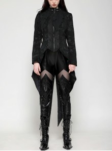Retro Black Jacquard Pattern Elegant Small High Collar Design Gothic Style Tailcoat