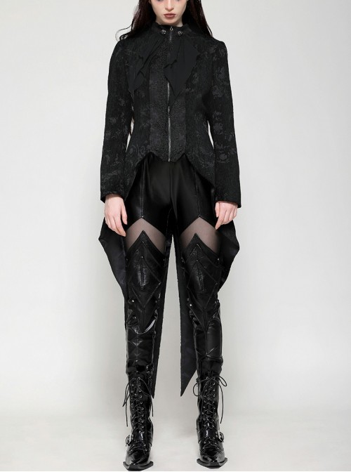 Retro Black Jacquard Pattern Elegant Small High Collar Design Gothic Style Tailcoat