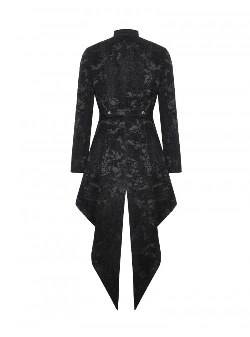 Retro Black Jacquard Pattern Elegant Small High Collar Design Gothic Style Tailcoat