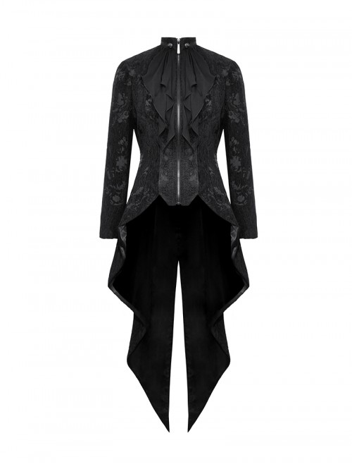 Retro Black Jacquard Pattern Elegant Small High Collar Design Gothic Style Tailcoat