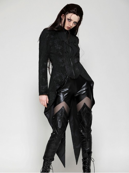Retro Black Jacquard Pattern Elegant Small High Collar Design Gothic Style Tailcoat