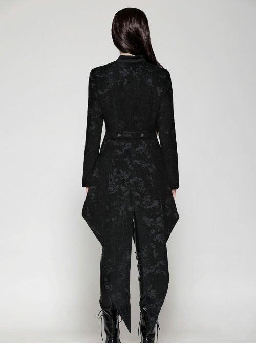 Retro Black Jacquard Pattern Elegant Small High Collar Design Gothic Style Tailcoat