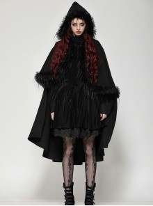 Dark Black Faux Fur Design Plush Trim Oversized Hooded Gothic Style Cloak