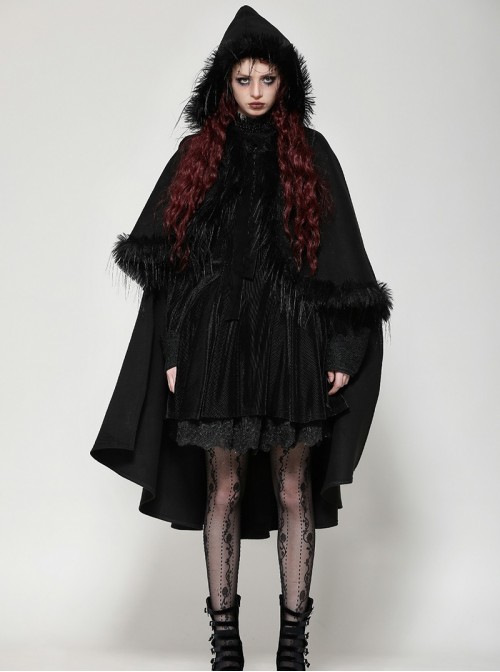 Dark Black Faux Fur Design Plush Trim Oversized Hooded Gothic Style Cloak