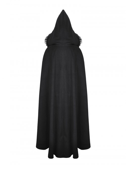 Dark Black Faux Fur Design Plush Trim Oversized Hooded Gothic Style Cloak