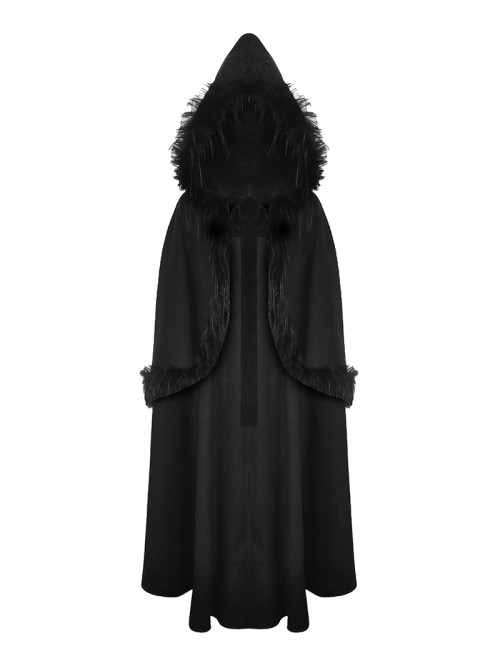 Dark Black Faux Fur Design Plush Trim Oversized Hooded Gothic Style Cloak