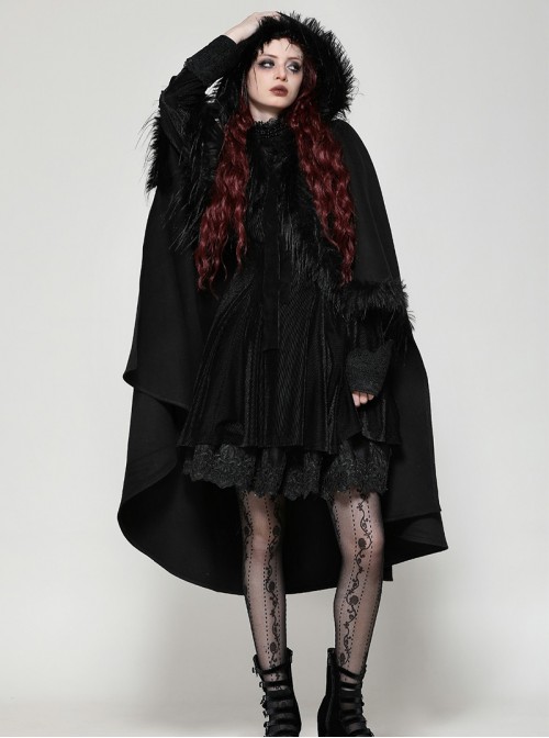 Dark Black Faux Fur Design Plush Trim Oversized Hooded Gothic Style Cloak
