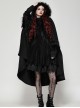 Dark Black Faux Fur Design Plush Trim Oversized Hooded Gothic Style Cloak