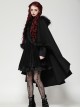 Dark Black Faux Fur Design Plush Trim Oversized Hooded Gothic Style Cloak