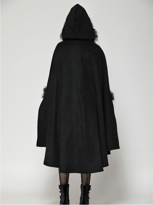 Dark Black Faux Fur Design Plush Trim Oversized Hooded Gothic Style Cloak