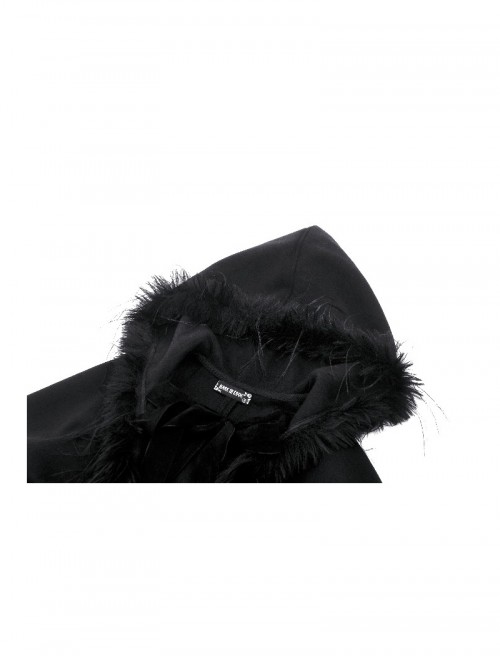 Dark Black Faux Fur Design Plush Trim Oversized Hooded Gothic Style Cloak