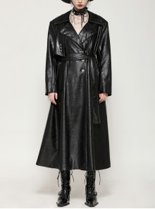 Cool Black Leather Splicing Personalized Metal Buckle Decoration Punk Style Loose Long Coat