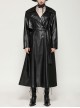 Cool Black Leather Splicing Personalized Metal Buckle Decoration Punk Style Loose Long Coat