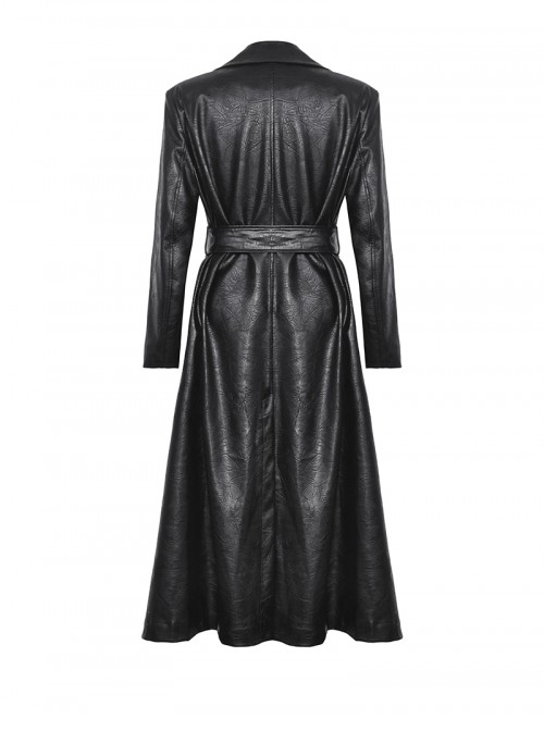 Cool Black Leather Splicing Personalized Metal Buckle Decoration Punk Style Loose Long Coat